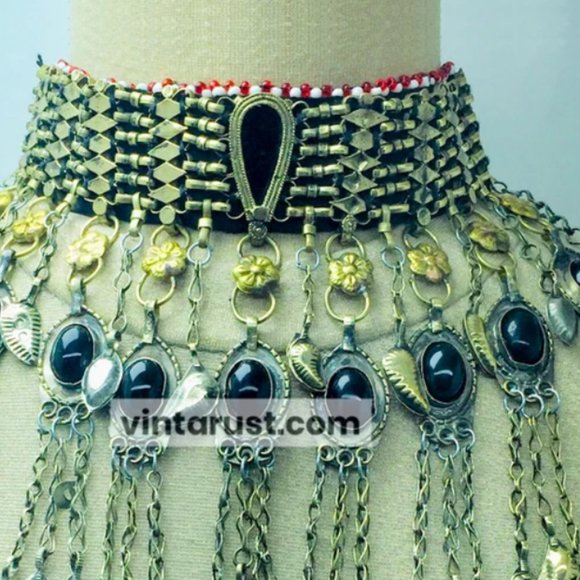 Tribal Choker Necklace With Dangling Tassels and Black Stones, Handmade Choker - Picture 8 of 11